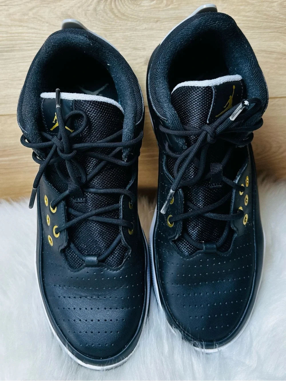 Jordan Max Aura 5 Black and Gold Athletic Sneakers